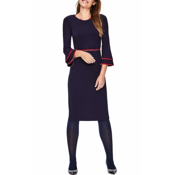 Boden Cora Dress Navy and Red Trim Ruffle Long Bell Sleeve Midi Dress 10P - Picture 1 of 14